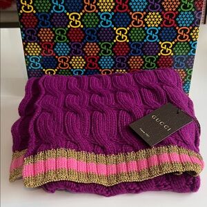 Gucci Vibrant Knit Scarf in Purple with Pink and Gold Trim